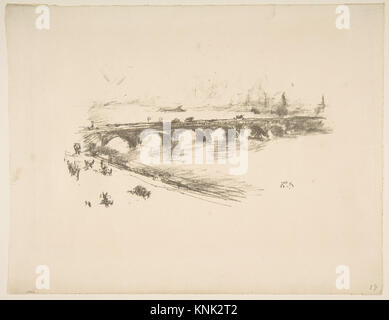 Stampa intitolata *Evening, Little Waterloo Bridge* dell'artista americano James McNeill Whistler, creata nel 1896. L'opera raffigura il Tamigi con dettagli architettonici e atmosferici. Foto Stock