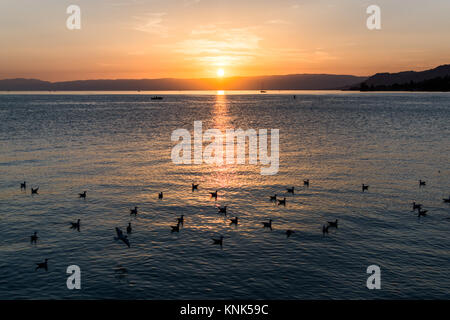 Un bellissimo tramonto su un lago nella splendida città svizzera di Montreux in europa Foto Stock