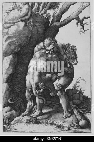 Ercole e il Leone Nemeo, stampa, Adamo (Ghisi) Scultori (1530-1585), dopo Giulio Romano (1499-1546) Foto Stock