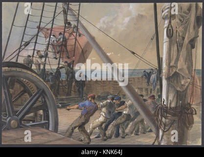 Acquerello sulla grafite di Robert Charles Dudley raffigurante la rimozione di una grande boa per il lancio il 2 agosto 1865, mostrando equipaggiamento marittimo e attività navali. Foto Stock