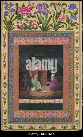 "Two Old Men in Discussion Outside a Hut", Folio from the Davis album, Painting by 'Ali Quli Jabbadar (iraniano, attivo seconda metà del XVII secolo), datato 1085 AH/1674–75 CE, attribuito all'Iran, Medium: Inchiostro, acquerello opaco e oro su carta Foto Stock