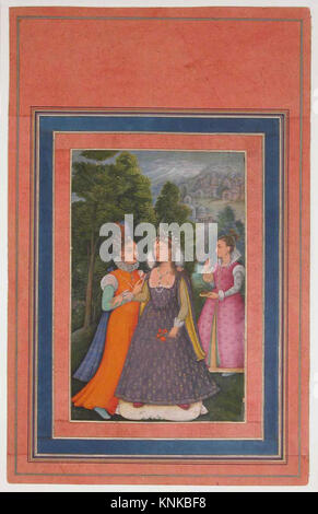 A Princess with Two Attendants, all in tardo XVI secolo English Costume, Folio from the Davis album, XVIII secolo, attribuito all'India, Medium: Ink, opaco acquerello, e oro sulla carta Foto Stock