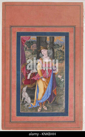 Diana, Dea della caccia, Folio dall'album Davis, artista: Attribuito a 'Ali Quli Jabbadar (iraniano, attivo seconda metà del XVII secolo), inizio del XVII secolo, attribuito a Isfahan, Iran, Medio: Inchiostro, acquerello opaco e oro su carta Foto Stock