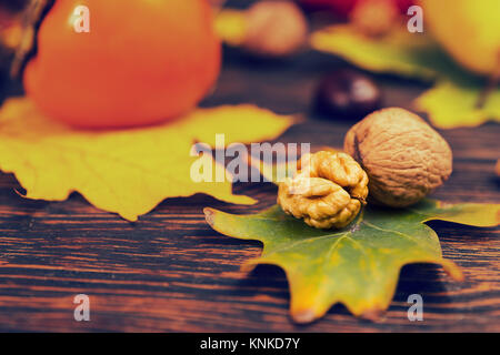 Close up di noci giacente su albero a foglia, raccolto autunnale come sfondo. Mockup per offerte stagionali e vacanze post card Foto Stock