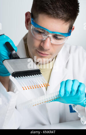 Biologo giovani imposta la reazione PCR con pipette multicanale Foto Stock