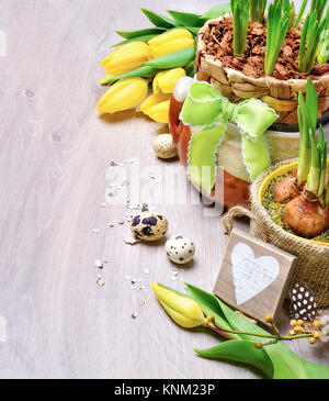 Pasqua confine con tulipani gialli e decorazioni naturali su sfondo di legno. Spazio per il testo Foto Stock