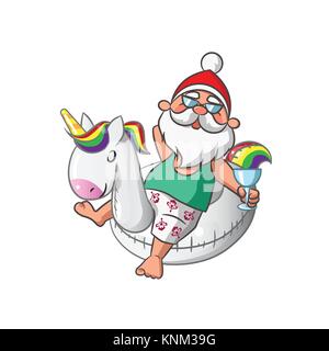 Babbo Natale con unicorno gonfiabile Swim anello su sfondo bianco Illustrazione Vettoriale