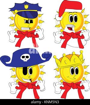 Cartoon sun con le mani in posa a bilanciere. Raccolta con costume. Vettore di espressioni set. Illustrazione Vettoriale
