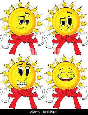Cartoon sun con le mani in posa a bilanciere. Raccolta con volti felici. Vettore di espressioni set. Illustrazione Vettoriale