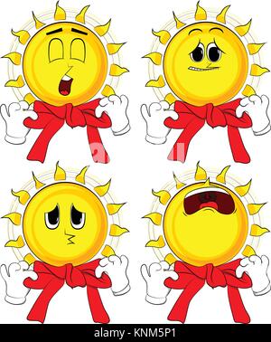 Cartoon sun con le mani in posa a bilanciere. Raccolta con facce tristi. Vettore di espressioni set. Illustrazione Vettoriale