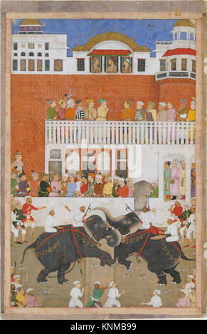 'Shah Jahan Watching an Elephant Fight', Folio da un Padshahnama, Bulaqi, probabilmente 1639, attribuito all'India, Medium: Ink, acquerello opaco e oro su carta Foto Stock