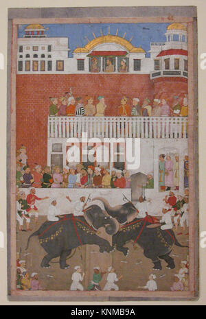 'Shah Jahan Watching an Elephant Fight', Folio da un Padshahnama, Bulaqi, probabilmente 1639, attribuito all'India, Medium: Ink, acquerello opaco e oro su carta Foto Stock