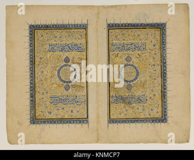 Doppio titolo pagina da a `Ajaa'ib al-Makhluqat wa Ghara'ib al-Mawjudat (le meraviglie della creazione e le stranezze dell'esistenza), autore: Zakaria bin Muhammad bin Mahmud Abu Yahya Qazwini (ca. 1203-83), 1414-35, attribuito all'Iran, Shiraz, Medio: Inchiostro, acquerello opaco e oro su carta Foto Stock