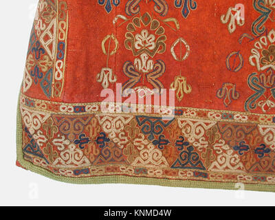 Cappotto (Choga), metà Ottocento o prima, realizzato nell'attuale Turkmenistan, Medio: Tessuto macinato: Lana a trama semplice rossa filata a mano (ordito e trama); ricamo: seta; rivestimento: Ikat seta (ordito), cotone (trama); fodera: Cotone russo stampato a rullo Foto Stock