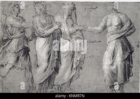 La fotografia dell'opera HA INCONTRATO sf-rlc-1975-1-408-r raffigurante una figura alata con due donne e un uomo, che mostra composizione, postura e abbigliamento per riferimento storico ed educativo. Foto Stock