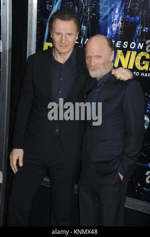 NEW YORK, NY - MARZO 09: Attore/registrazione comune artista assiste il 'correre per tutta la notte " New York premiere a AMC Lincoln Square Theatre il 9 marzo 2015 in New York City. Persone: Liam Neeson, Ed Harris Foto Stock