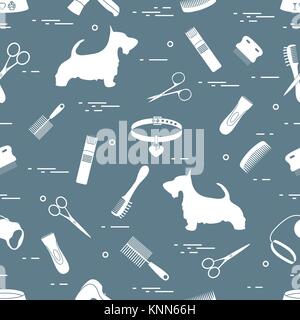 Modello con il cane, pettini, collare, guinzaglio, rasoio, asciugacapelli, ciotola, forbici. La cura della salute, toelettatura, prendersi cura di un cane, mostra. Illustrazione Vettoriale