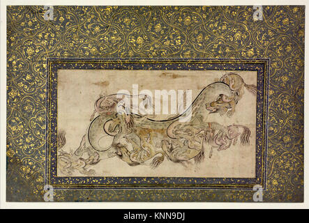 Illustrazione che raffigura creature chimeriche cinesi conosciute come Chilins impegnati in combattimento con un drago, mostrando immagini mitologiche tradizionali e dettagli artistici del periodo. Foto Stock