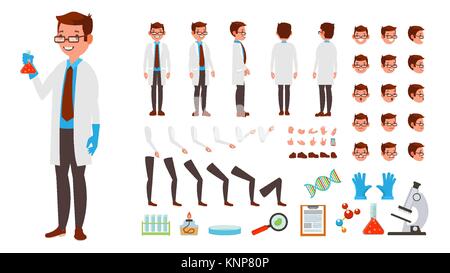 Scienziato vettore l'uomo. Personaggio animato creazione set. A lunghezza piena, anteriore, vista laterale posteriore, accessori, pone di fronte le emozioni, Hairstyle, gesti. Piatto isolato Cartoon illustrazione Illustrazione Vettoriale