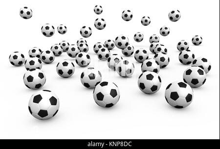 Un sacco di caduta delle sfere di calcio su sfondo bianco. Si tratta di un rendering 3D concetto. Foto Stock