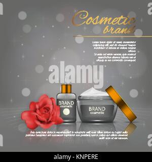 Vettore 3D illustrazione cosmetici con rose e sfondo bokeh di fondo. Bellezza realistico prodotto cosmetico del modello di progettazione Illustrazione Vettoriale
