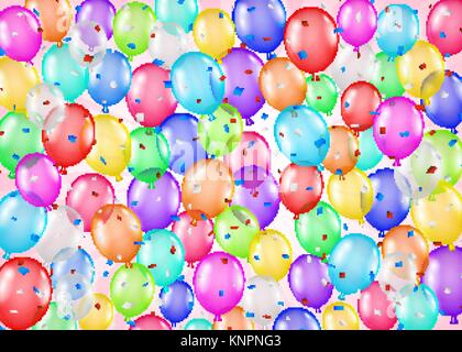 Gruppo di palloncini colorati e coriandoli sfondo Illustrazione Vettoriale