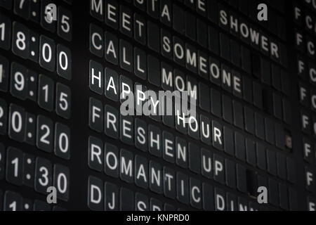 Happy Hour Calendario segno divertente Ristorante interno isolato bianco nero Foto Stock