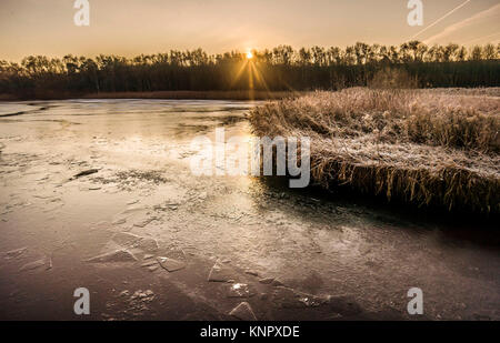 Il sole sorge su un lago ghiacciato a Fairburn Ings RSPB Riserva Naturale nello Yorkshire, come la Gran Bretagna ha avuto la sua notte più freddi dell'anno con vaste aree del paese che cadono al di sotto di congelamento - con ai -13 °C (8.6F) registrate nello Shropshire. Foto Stock