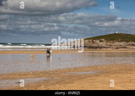 Cane e surfisti sulla Fistral Beach, Newquay Cornwall Foto Stock