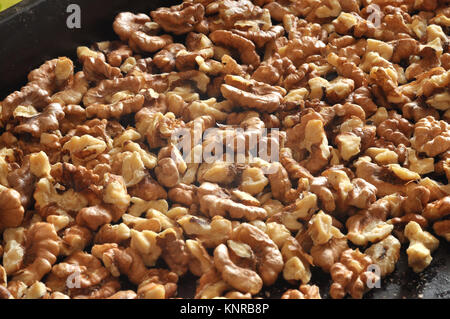 Cotta di gherigli di noce nero a vassoio di supporto di close-up. Sfondo di noce Foto Stock