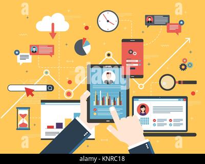 Mano con la compressa con l'analisi delle prestazioni, portatile e schermo internet con dati, icone di ricerca e la gestione del progetto, sviluppi applicativi. Conce Illustrazione Vettoriale