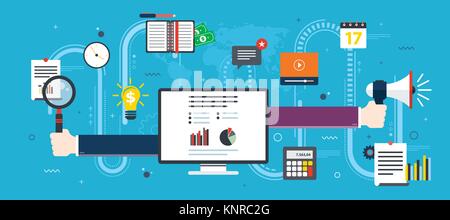 Mani con lente di ingrandimento e megafono, finanziari grafico. .Icona Azienda e lo schermo del computer con i dati di analisi. Concetto di business Finanza e su Illustrazione Vettoriale