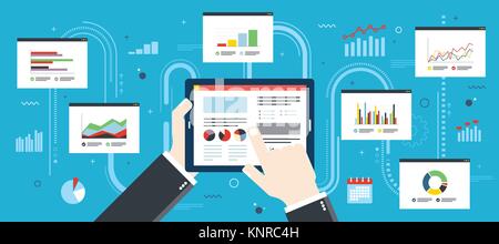 Concetto di finanziare gli investimenti pianificazione, analisi delle informazioni sotto forma di un grafico o un diagramma con rapporto di crescita sul dispositivo mobile. Busin di successo Illustrazione Vettoriale