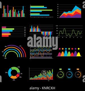 Diagramma di business e i dati del grafico del mercato. Barra degli elementi grafici a torta diagrammi e grafici icone piatta in illustrazione vettoriale. Sfondo nero. Illustrazione Vettoriale