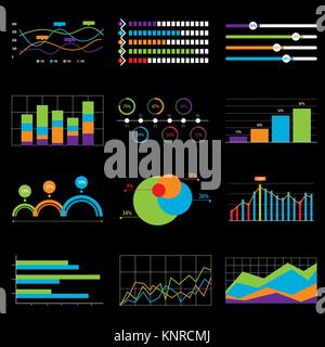 Diagramma di business e i dati del grafico del mercato. Barra degli elementi grafici a torta diagrammi e grafici icone piatta in illustrazione vettoriale. Sfondo nero. Illustrazione Vettoriale