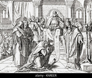 Louis Pio presso il suo palazzo di Attigny vicino a Vouziers nelle Ardenne in 822, esecuzione di penitenza prima di papa Pasquale I, per provocare la morte del nipote Bernard d'Italia. Louis Pio, 778 - 840, chiamato anche la Fiera e la Debonaire. Re dei Franchi e co-imperatore (Luigi I) con suo padre Carlo Magno. Da Ward e bloccare la storia illustrata del mondo, pubblicato c.1882. Foto Stock