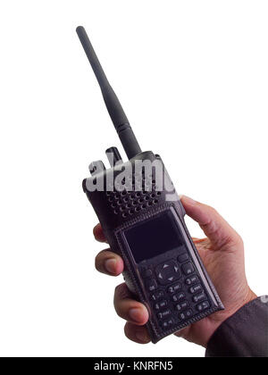 Il tecnico con la comunicazione radio in azione isolata su sfondo bianco con. Foto Stock