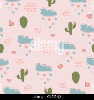 Seamless disegnati a mano con pattern di nuvole, cactus e cuori su sfondo rosa. Illustrazione Vettoriale Illustrazione Vettoriale