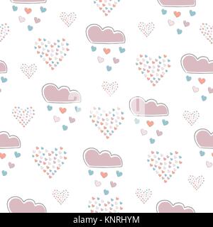 Seamless Pattern carino con le nuvole di piovere con cuori e raggruppati i cuori a mosaico su sfondo bianco. Carino swatch decorativi. Illustrazione Vettoriale Illustrazione Vettoriale