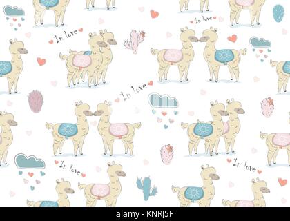Bianco senza giunture llama pattern su sfondo scuro con nuvole con cuori e cactus. Il giorno di San Valentino. Disegnata a mano in stile scandinavo. Vector Illust Illustrazione Vettoriale