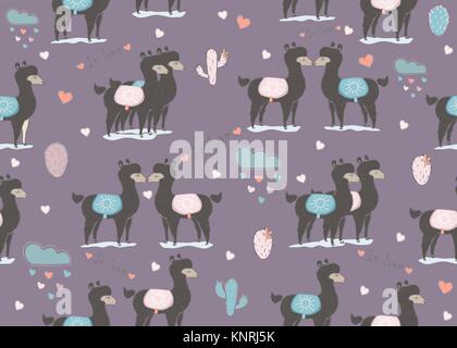 Seamless dark llama pattern su sfondo scuro con nuvole con cuori e cactus. Il giorno di San Valentino. Disegnata a mano in stile scandinavo. Vector Illust Illustrazione Vettoriale