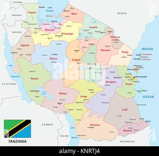 Tanzania politica e amministrativa di mappa vettoriale con bandiera Illustrazione Vettoriale