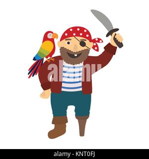 Cartoon pirata pirata con un pappagallo sulla spalla Illustrazione Vettoriale