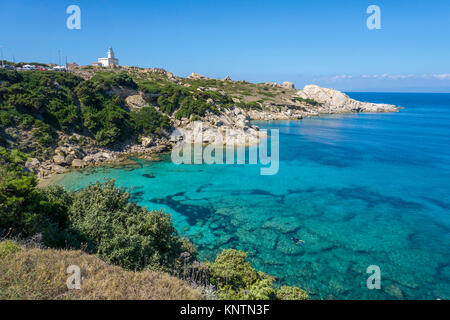 Faro di Capo Testa a Santa Teresa di Gallura, Sardegna, Italia, mare Mediterraneo, Europa Foto Stock