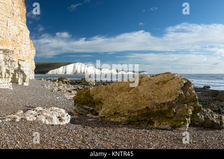 Una vista delle Sette sorelle dalla speranza Gap a Seaford testa su un luminoso inverno mattina Foto Stock