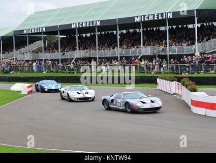 Andrew Smith, James Cottingham, Ford GT40, 1 MUF, conduce ad un trio di GT40's attraverso la chicane, Whitsun trophy, Goodwood 2013 Foto Stock