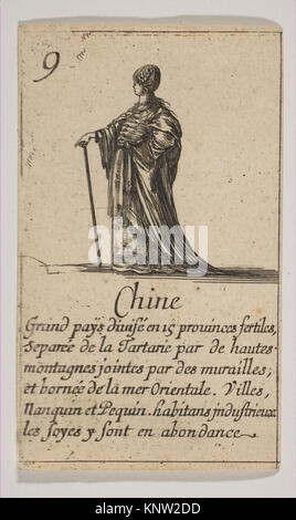 Incisione intitolata "Chine" di Stefano della bella e Jean Desmarets de Saint-Sorlin, raffigurante elementi paesaggistici cinesi, caratteristiche architettoniche e figure. Foto Stock