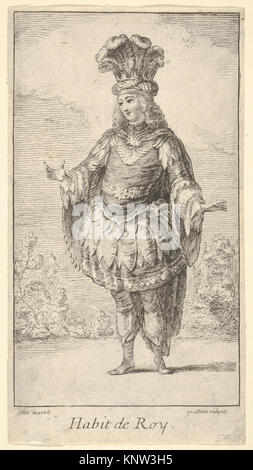 Costume che mostra un uomo in una tonnelet decorata, rosoni, corona e turbante piuma, parte di disegni teatrali storici. Foto Stock