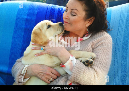 Femmina matura cuddling un giovane cucciolo di Labrador sul suo giro - Giovanni Gollop Foto Stock