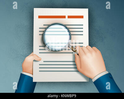 Imprenditore analizzando un accordo con una lente di ingrandimento. Illustrazione Digitale. Foto Stock
